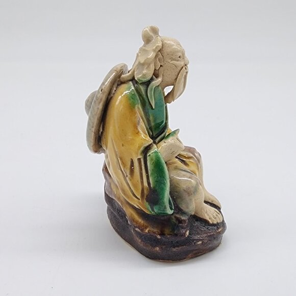 Chinese Mudman Clay Figure Seated Elderly Man With Green Vase Vintage - Picture 3 of 8